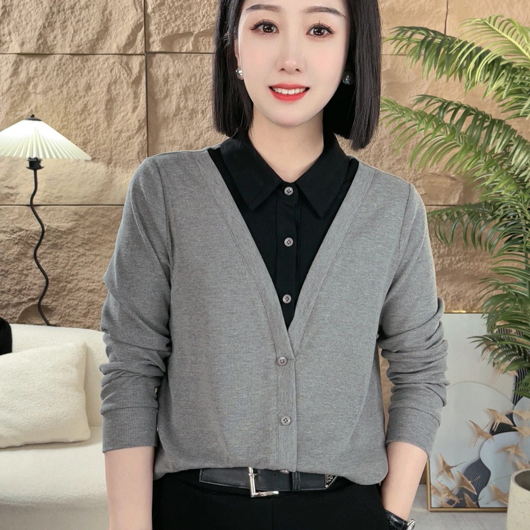 衬衫假两件细螺纹坑条薄款春秋通用休闲时尚上衣长袖气质显瘦百搭