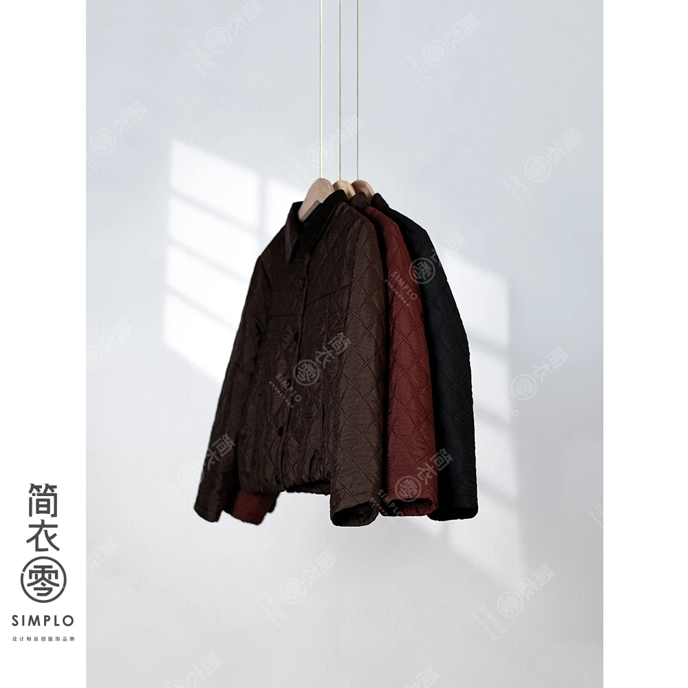 665/8829秋冬轻薄款夹棉时尚衬衫领上衣女显瘦菱格女棉衣气质外套