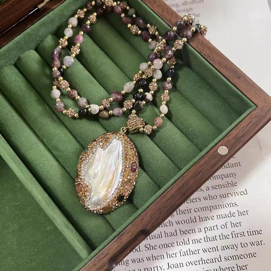 铜合金项链 天然巴洛克异形项链法式新款毛衣链个性镶嵌坠链时尚
