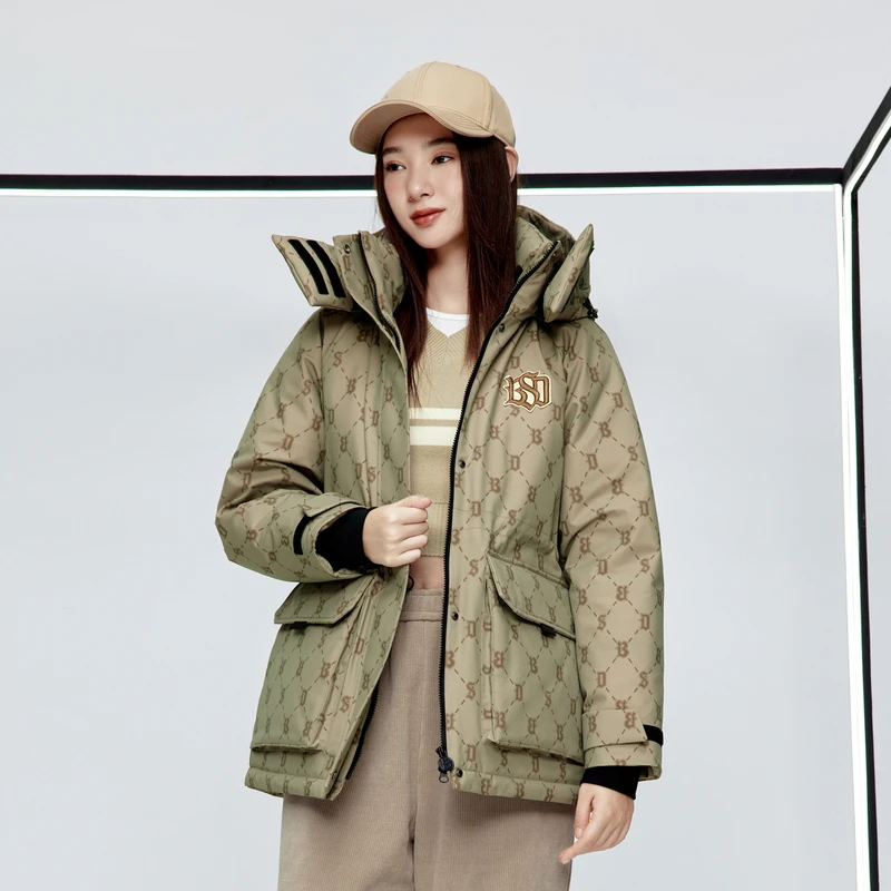 波司登2023秋冬新款女复古老花休闲潮流收腰显瘦保暖羽绒服热力感