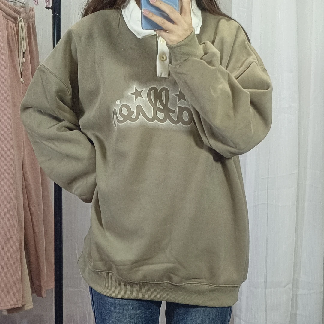 时尚宽松年轻女装小领印花长款加绒卫衣百搭韩版长袖休闲复古潮流