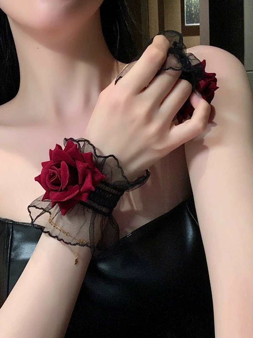 非金属布艺手链 暗黑洛丽塔玫瑰花蕾丝手环女手腕套手链红色手袖