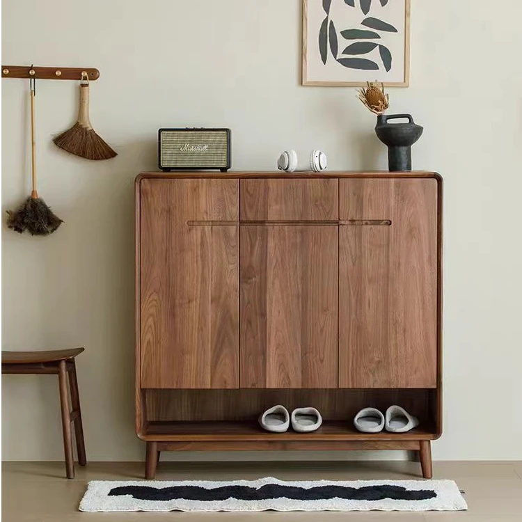 （全原木）北美家用黑胡桃木鞋柜大容量收纳柜玄关柜一体靠墙储物柜