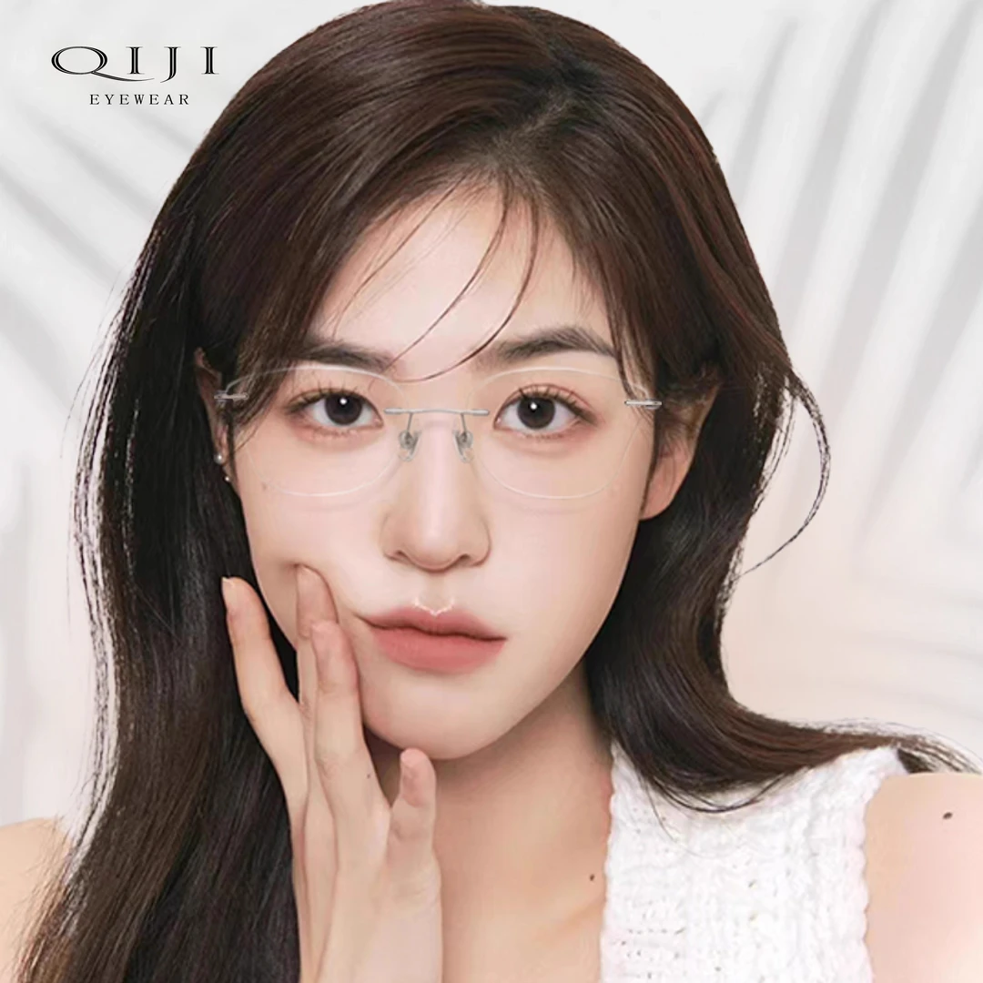 超轻7g纯钛无框蝶形眼镜银色女万新镜片防蓝光近视可配度数镜框架