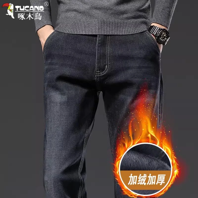 啄木鸟秋冬牛仔裤男士2025新款加绒加厚休闲弹力保暖直筒宽松长裤