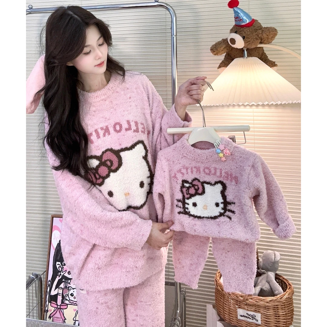 亲子装·『心动小猫』儿童睡衣2024秋冬新款女童半边绒家居服套装