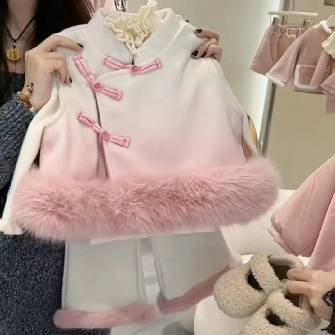 女童渐变色呢子童装旗袍马甲秋冬新款女中小童毛呢背心套装2件套