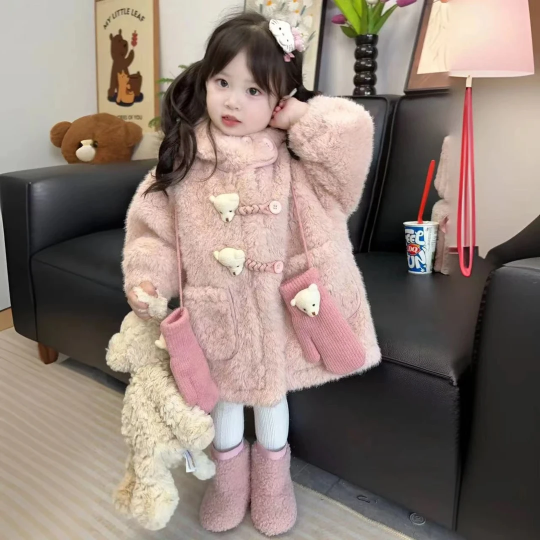 女童加绒外套秋冬装2024新款洋气女孩毛毛衣儿童中长款羊羔绒大衣
