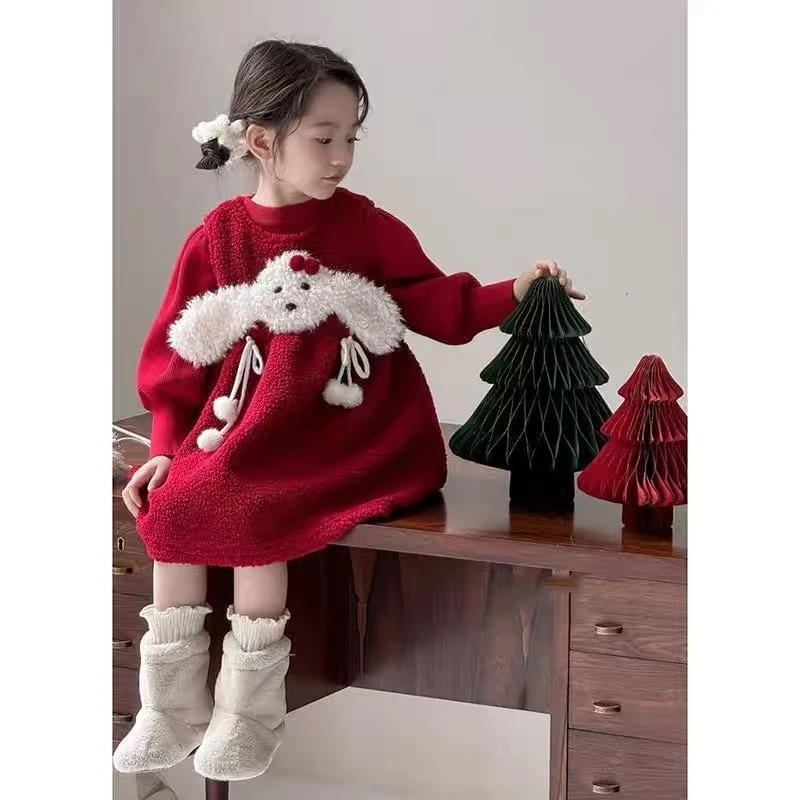 童装女童连衣裙秋冬款儿童洋气红色圣诞服装公主裙宝宝新年背心裙