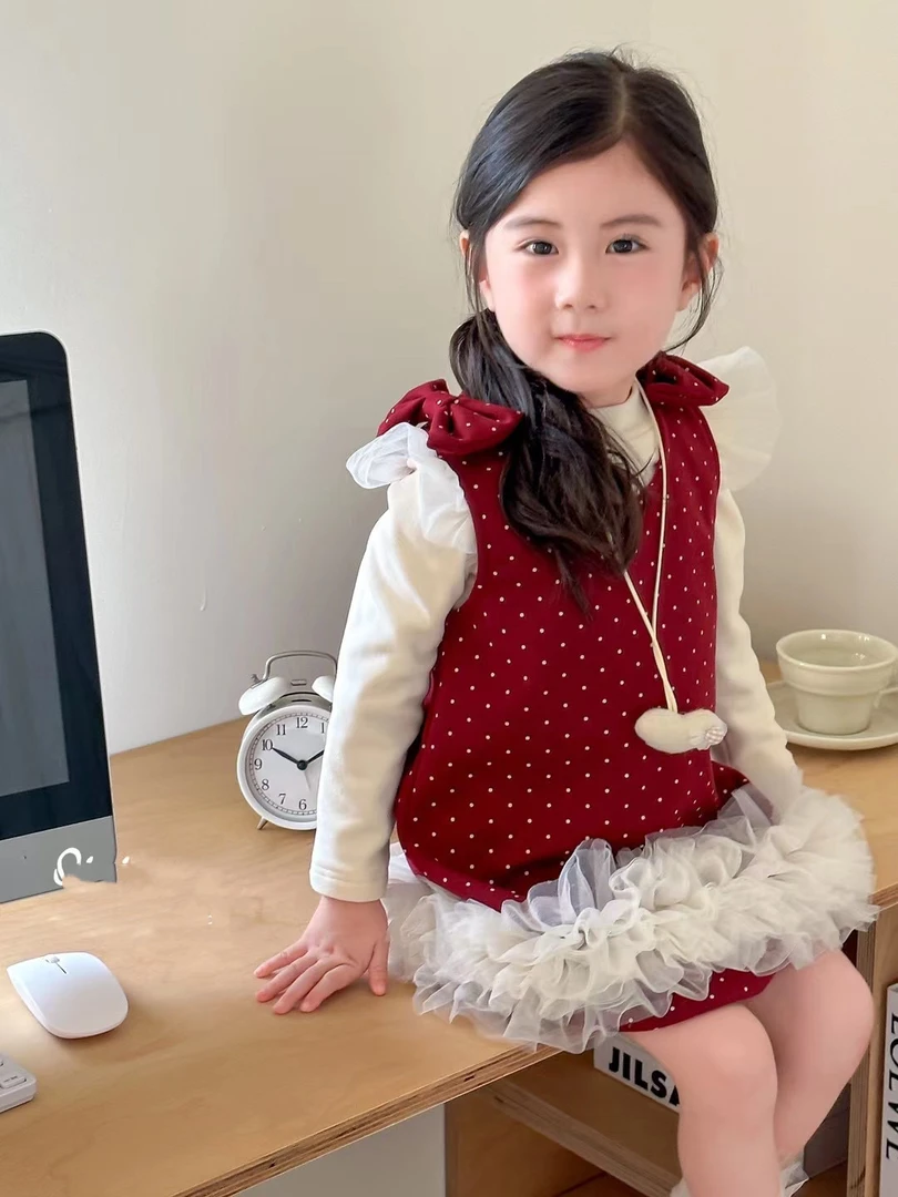 女童秋冬装条绒背心裙女宝宝拼纱公主连衣裙2件套装生日礼服裙