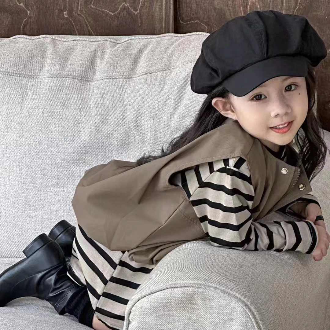 女童套装秋装2024新款韩系复古中大童洋气条纹长袖连衣裙森系马甲