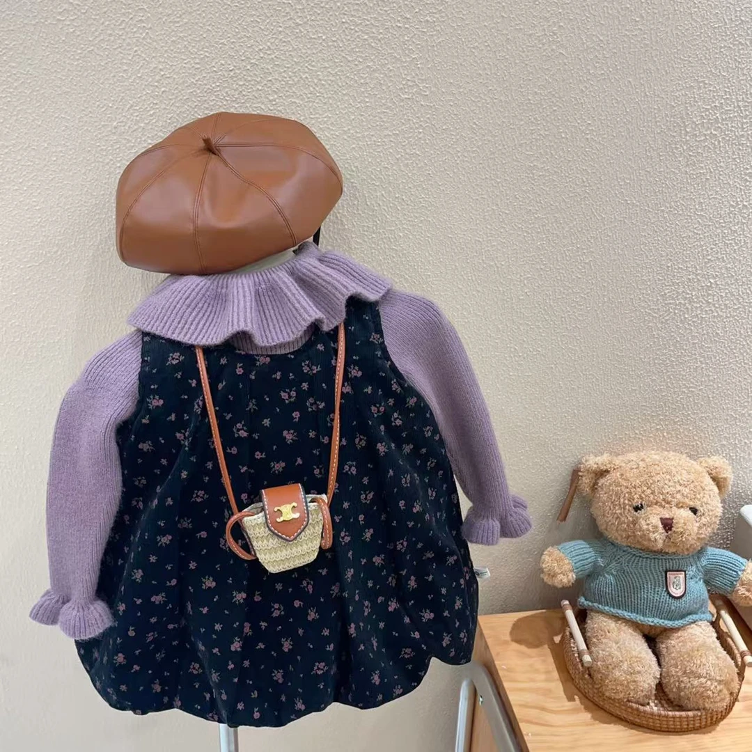 超美！韩国童装女童灯芯绒碎花裙荷叶领毛衣洋气套装