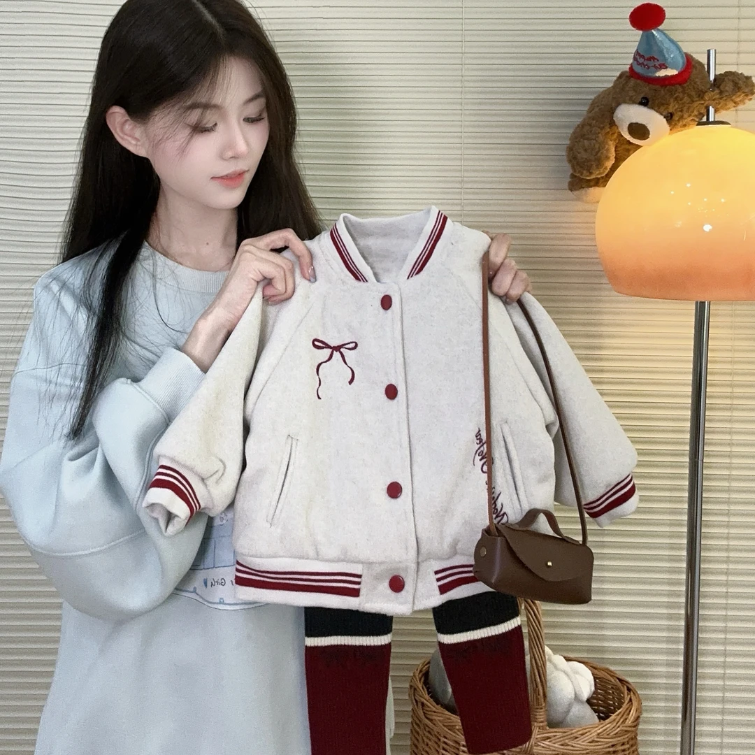 韩版时尚2024冬季男女童字母刺绣棒球服呢外套棉服套装
