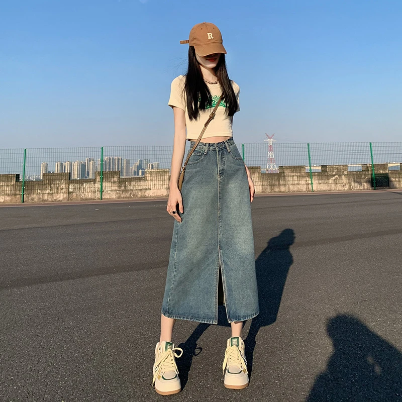 Gik-【爆款A字裙】夏季高腰显瘦显腿长中长款开叉百搭牛仔裙女