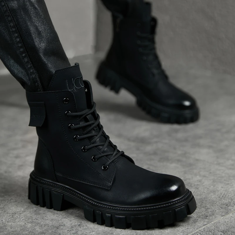 马丁靴男冬季真皮高帮英伦风青年潮流厚底男靴内增高加绒工装靴子