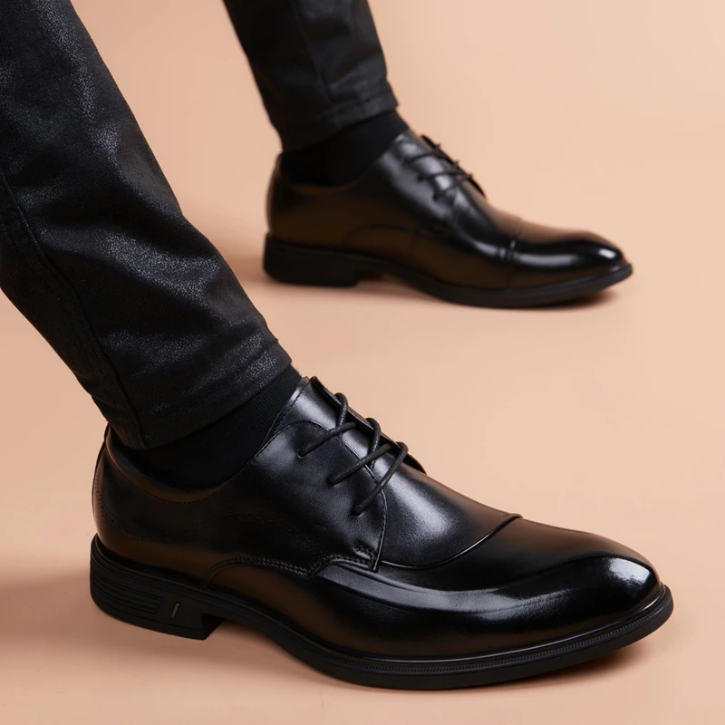 休闲皮鞋男款商务正装男士秋季尖头黑色英伦风韩版潮流内增高男鞋