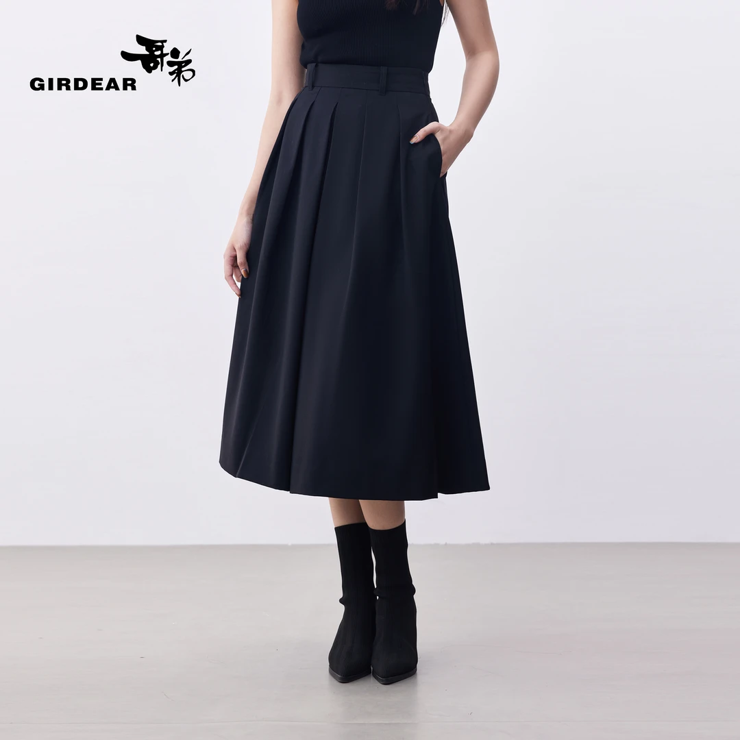 GIRDEAR/哥弟气质优雅高腰百褶中长款显瘦半身裙-1200375-42211