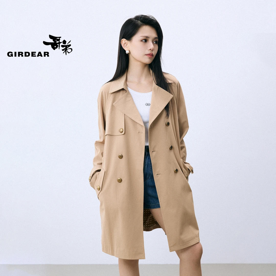 GIRDEAR/哥弟气质经典翻领百搭显瘦双排扣中长款风衣1400666-3305