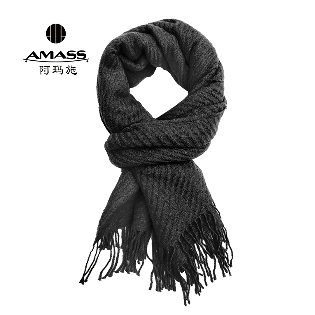 AMASS/阿玛施100%绵羊毛黑色百搭针织保暖围巾5800038-7107011