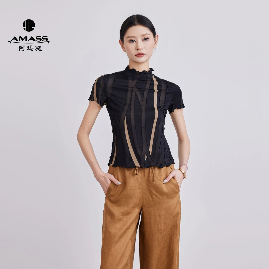 AMASS/阿玛施夏季修身气质时尚拼色网纱圆领T恤5300603-1A75711-0