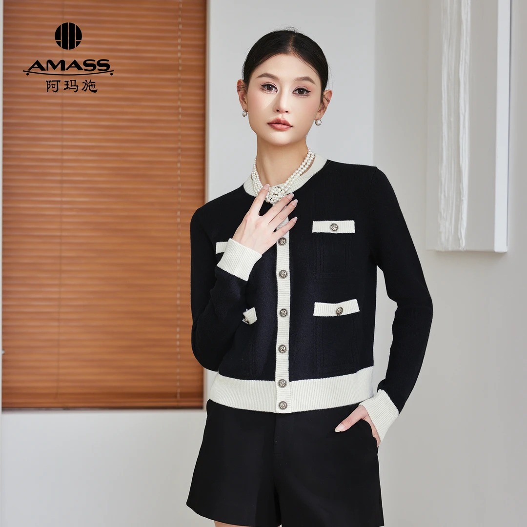 AMASS/阿玛施100%山羊绒圆领撞色小香风针织开衫5499232-7T39111-