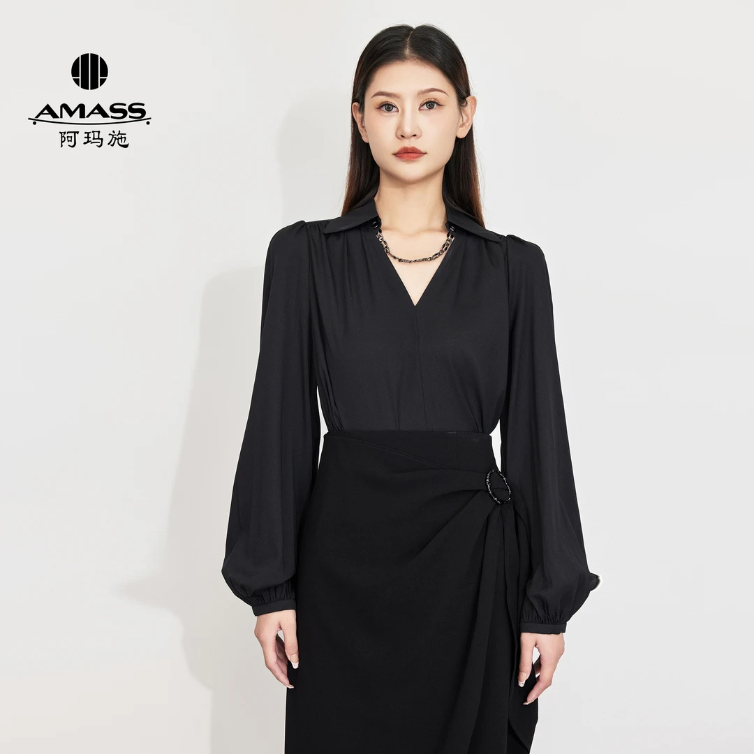 AMASS/阿玛施气质黑色桑蚕丝V领飘带链条显瘦衬衫5300968-153711-