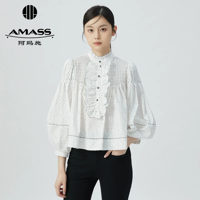 AMASS/阿玛施宫廷荷叶边波点印花娃娃灯笼袖衬衫5301043-1S19761