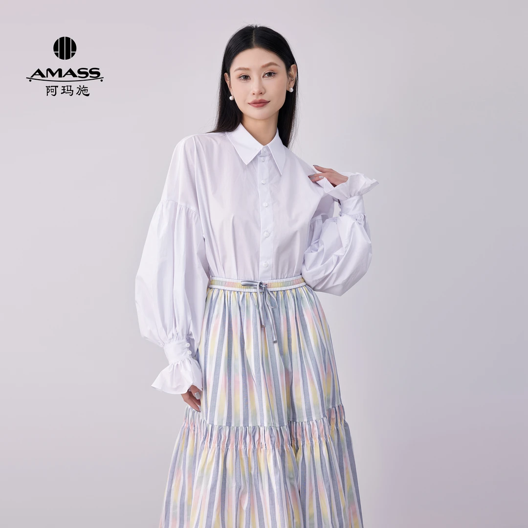 AMASS/阿玛施春夏白色衬衣复古灯笼袖长袖宽松设计感衬衫5301042-