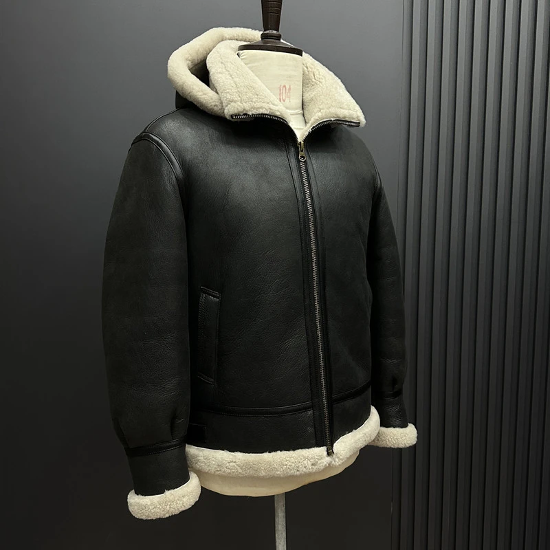 原生态绵羊毛皮皮毛一体冬季加厚真皮草皮衣b3男士外套帽款机车服