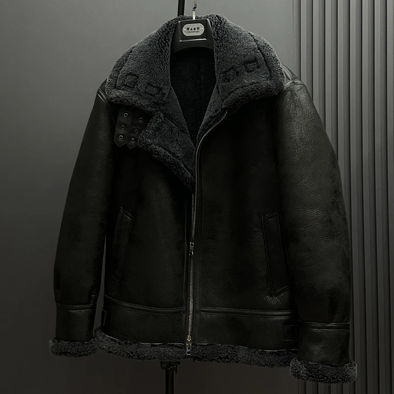 原生态绵羊毛皮皮毛一体冬季加厚b3男士外套脱卸帽机车服真皮皮衣