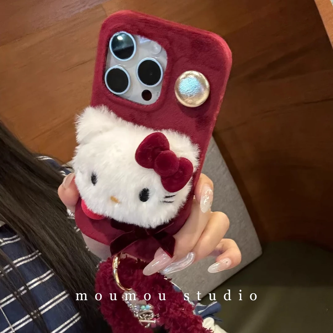 秋冬毛绒kt猫公仔适用苹果16手机壳iphone15可爱14promax带挂绳13