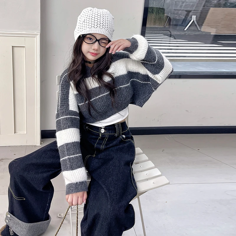 女大童秋装套装2024新款洋气短款毛衣女孩衣服春秋牛仔裤两件套潮