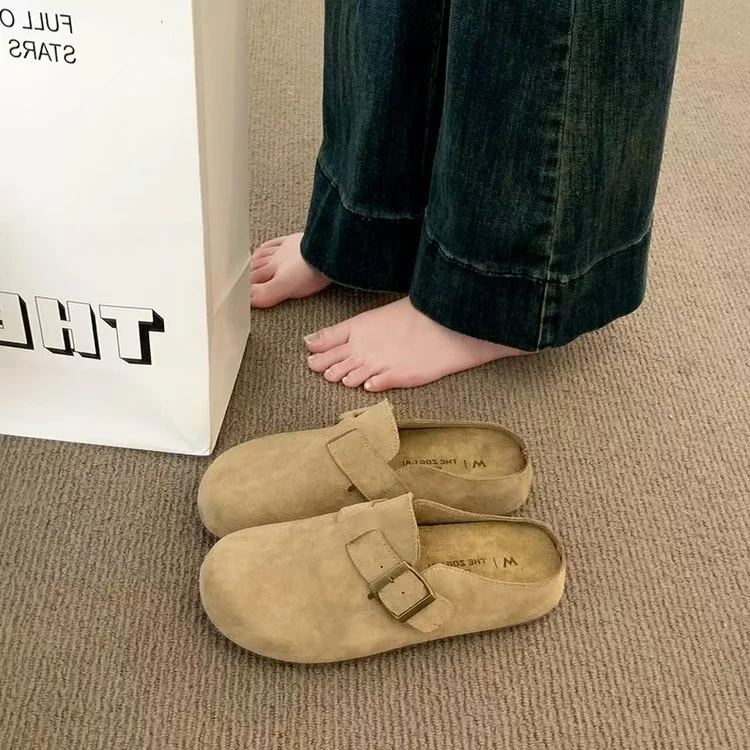 厚底半托勃肯鞋女2024新款不加绒一脚蹬懒人鞋复古豆豆鞋