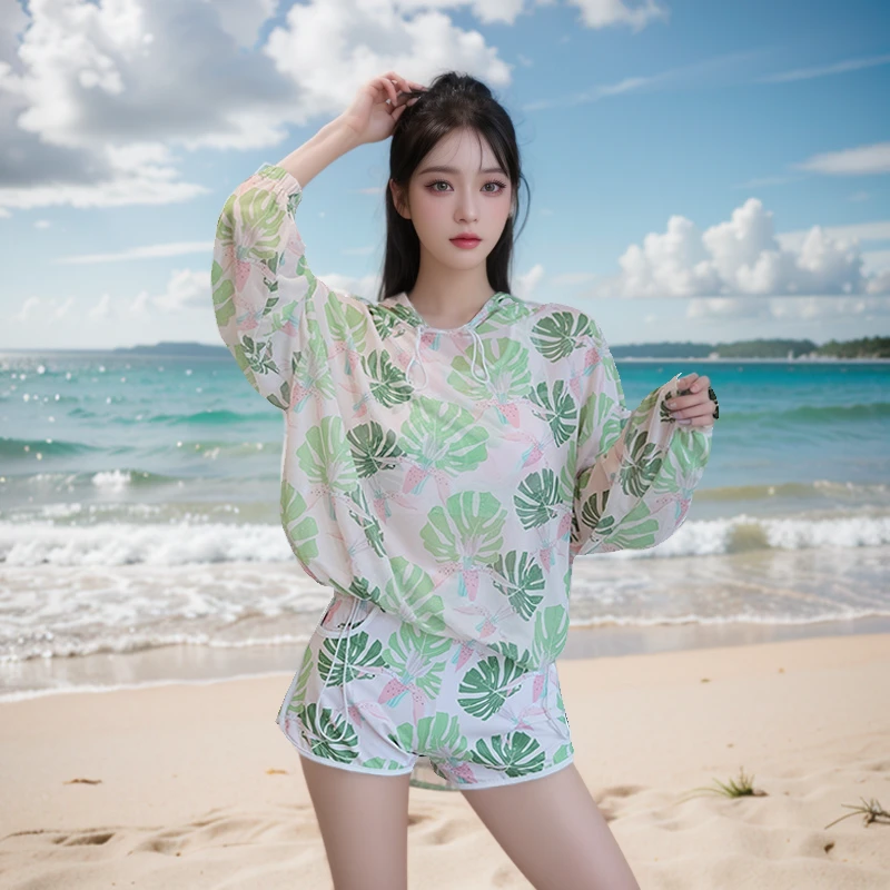 分体泳衣时尚运动比基尼四件套防晒罩衫海边度假温泉显瘦保守泳装