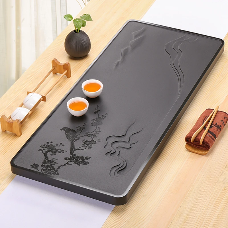 乌金石高档天然整块石茶台浮雕排水托盘茶道家用功夫石茶台长方形