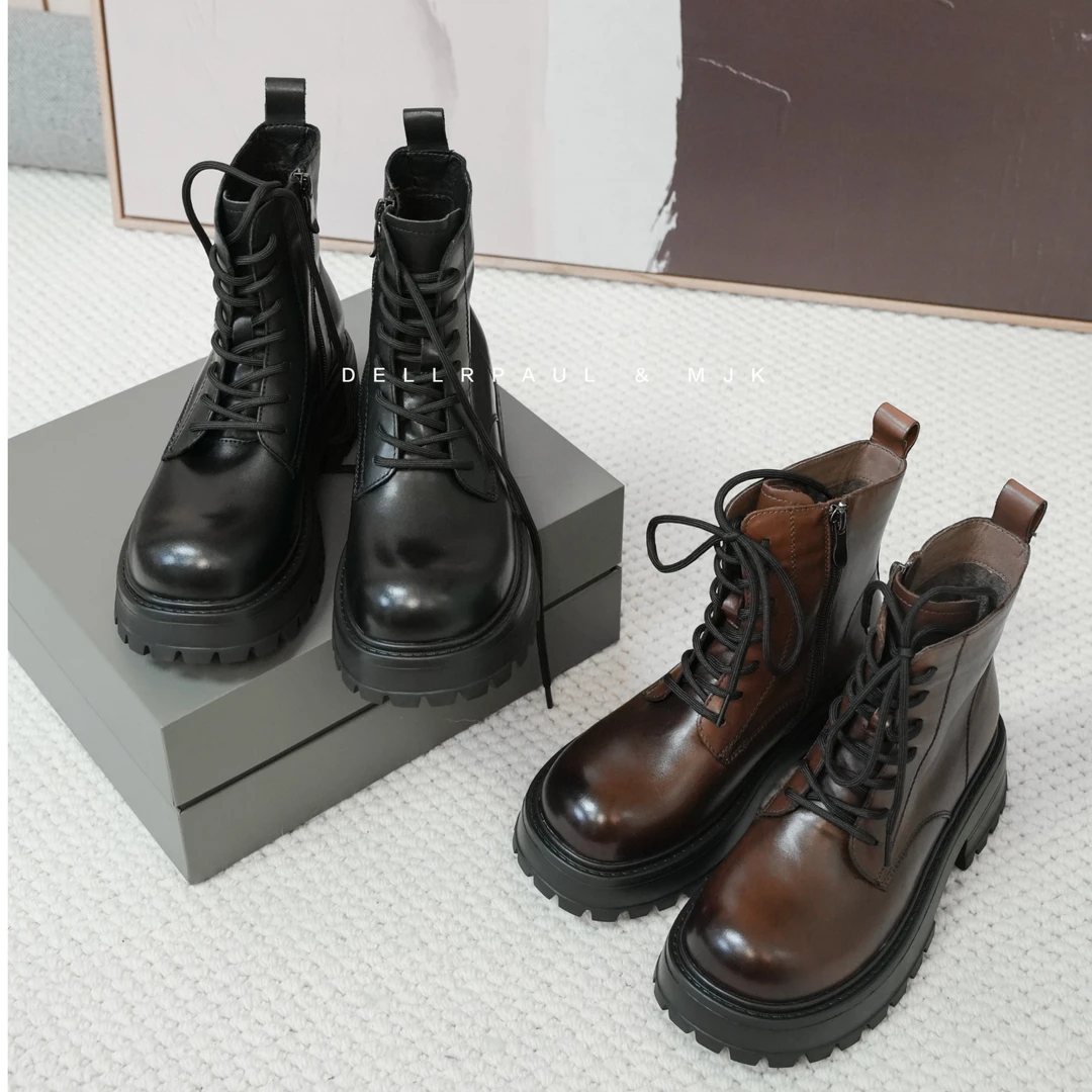 【头层牛皮】厚底马丁靴女棕咖色ins潮英伦风秋冬季加绒短靴子