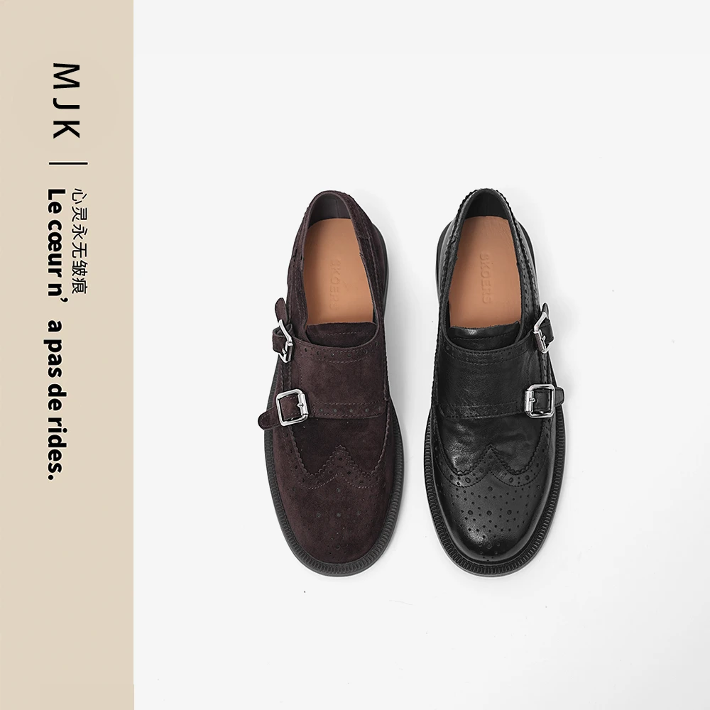 【欧若风】懒人单鞋软底复古英伦风圆头金属扣雕花复古乐福小皮鞋女