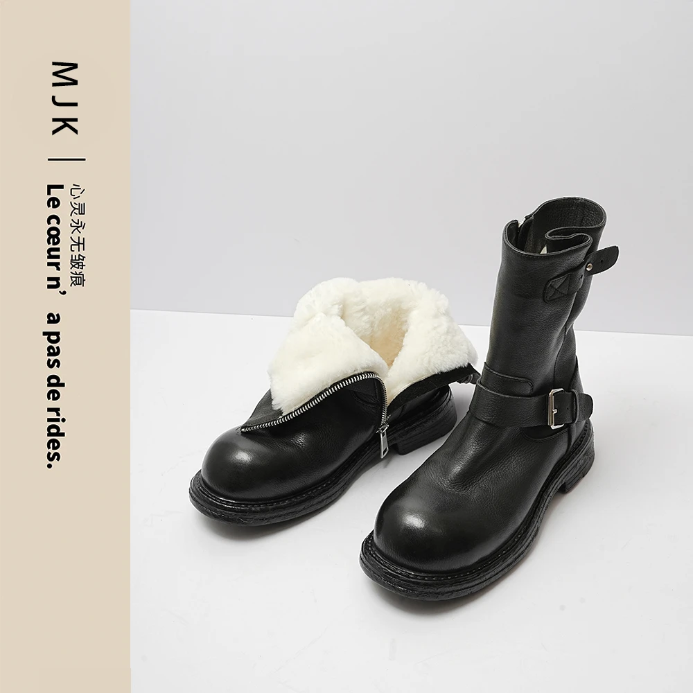 皮毛一体雪地靴女平底真皮中筒靴厚底保暖圆头加厚羊毛加绒棉鞋冬
