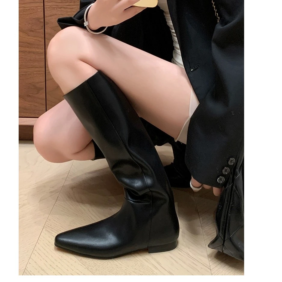 【全头层牛皮】长筒靴女高筒尖头骑士靴真皮秋冬宽筒长靴黑色高筒靴