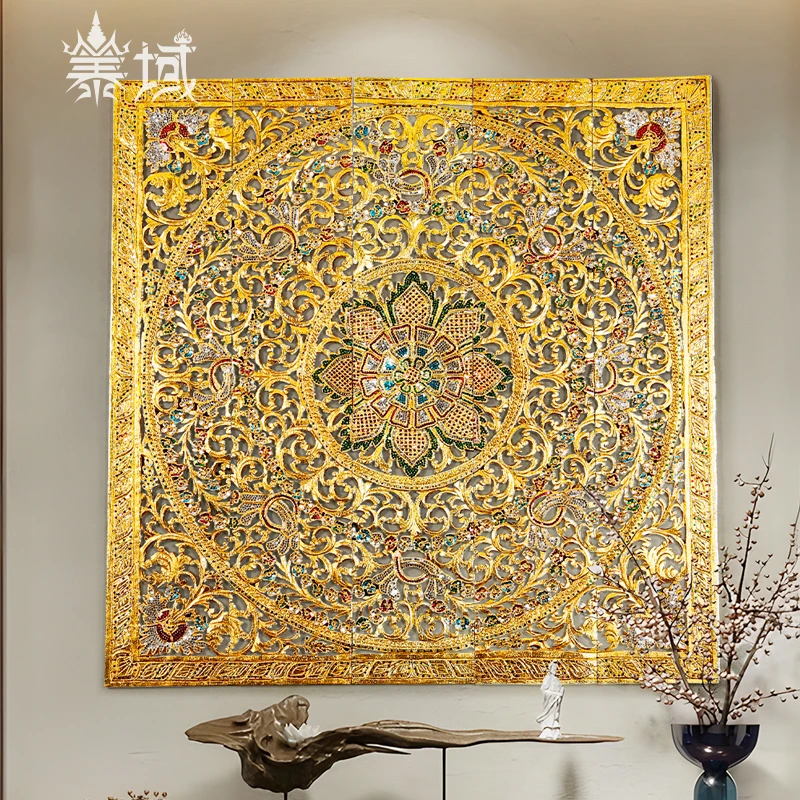 泰域方形150CM金莲花雕花板壁饰室内玄关背景墙装饰木雕B2-080