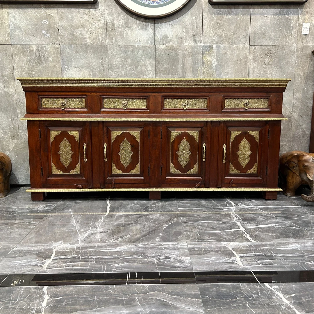 泰域印度铜包木雕花柜子客厅家居柜收纳柜玄关储物四开门柜