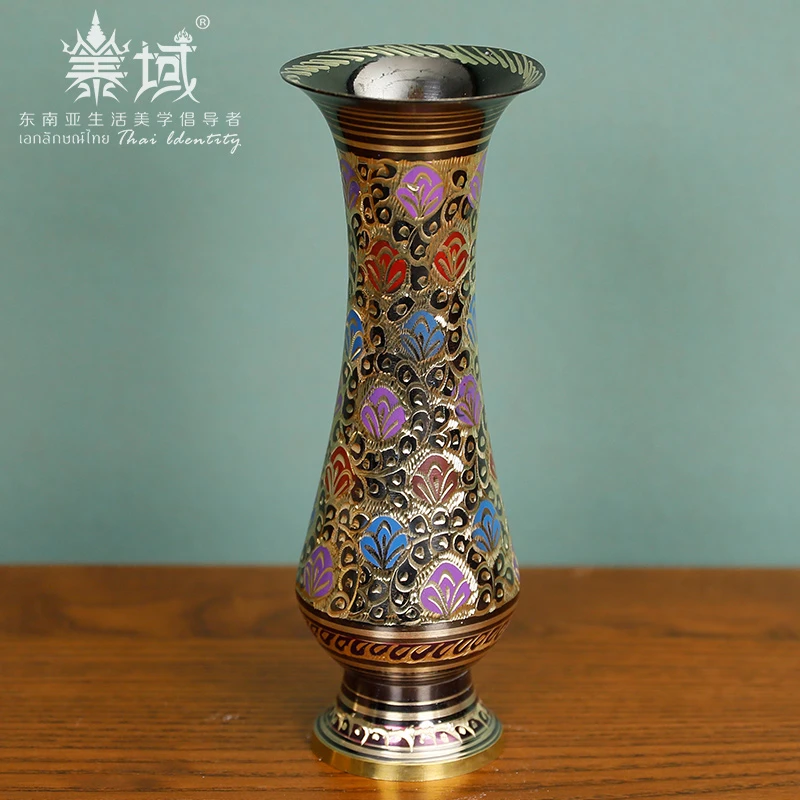 泰域泰域东南亚五花彩绘花瓶工艺品 家居玄关桌面装饰品摆件