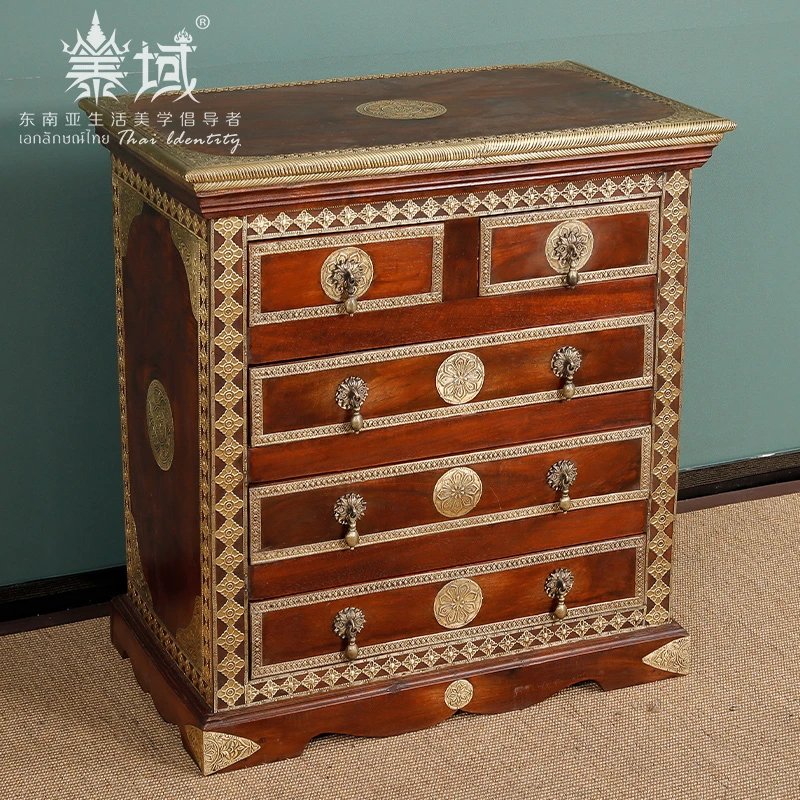 泰域《五斗柜》印度铜包木 储物柜家用客厅实木收纳柜 卧室抽屉柜