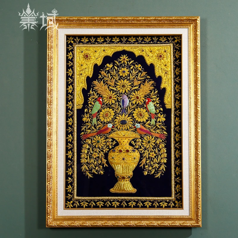 泰域手工刺绣黑底铜丝花开富贵画 卧室挂画客厅喜鹊造型装饰画