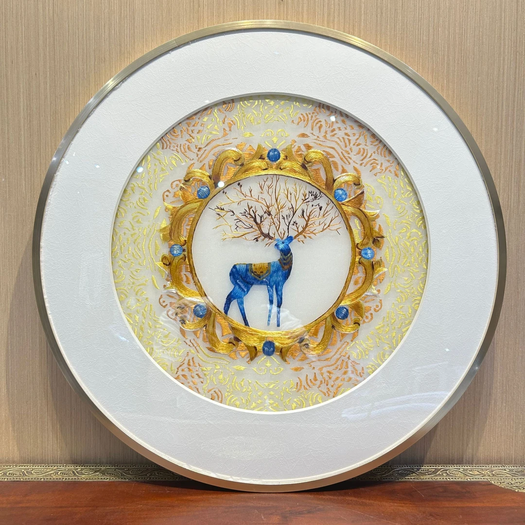 新中式风福鹿苏绣玄关挂画客厅楼梯间走廊过道装饰画