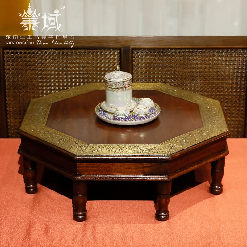 泰域印度圆形铜包木小窄中号炕几 东南亚复古实木沙发边几角几