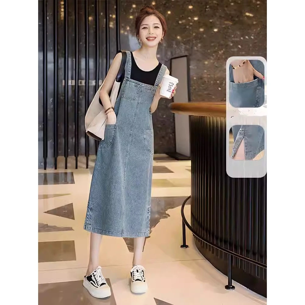 2024新款韩系可爱牛仔背带裙女春秋夏学院风宽松复古中长款连衣裙