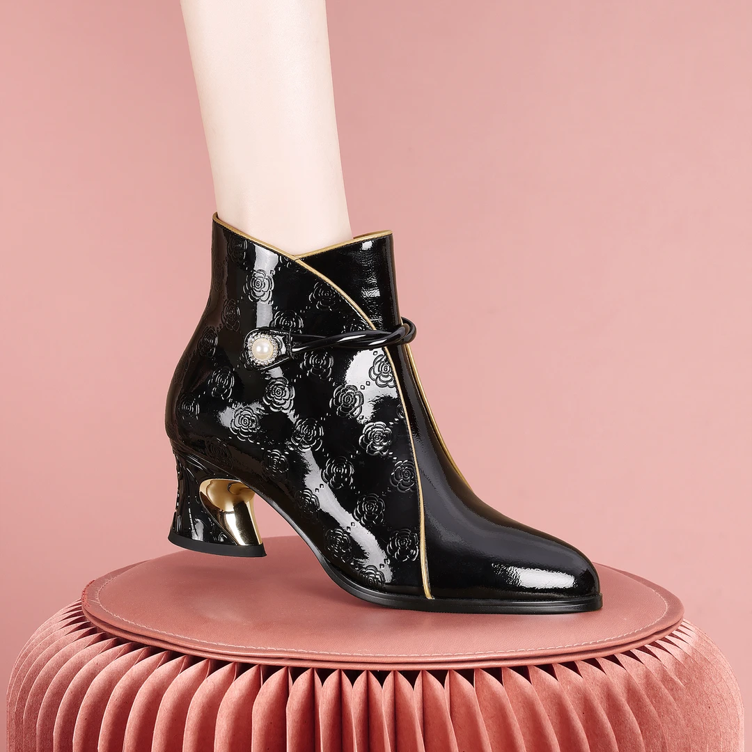 梵芮诗2024年秋冬简约加绒气质舒适尖头保暖搭子粗跟短靴-J1037