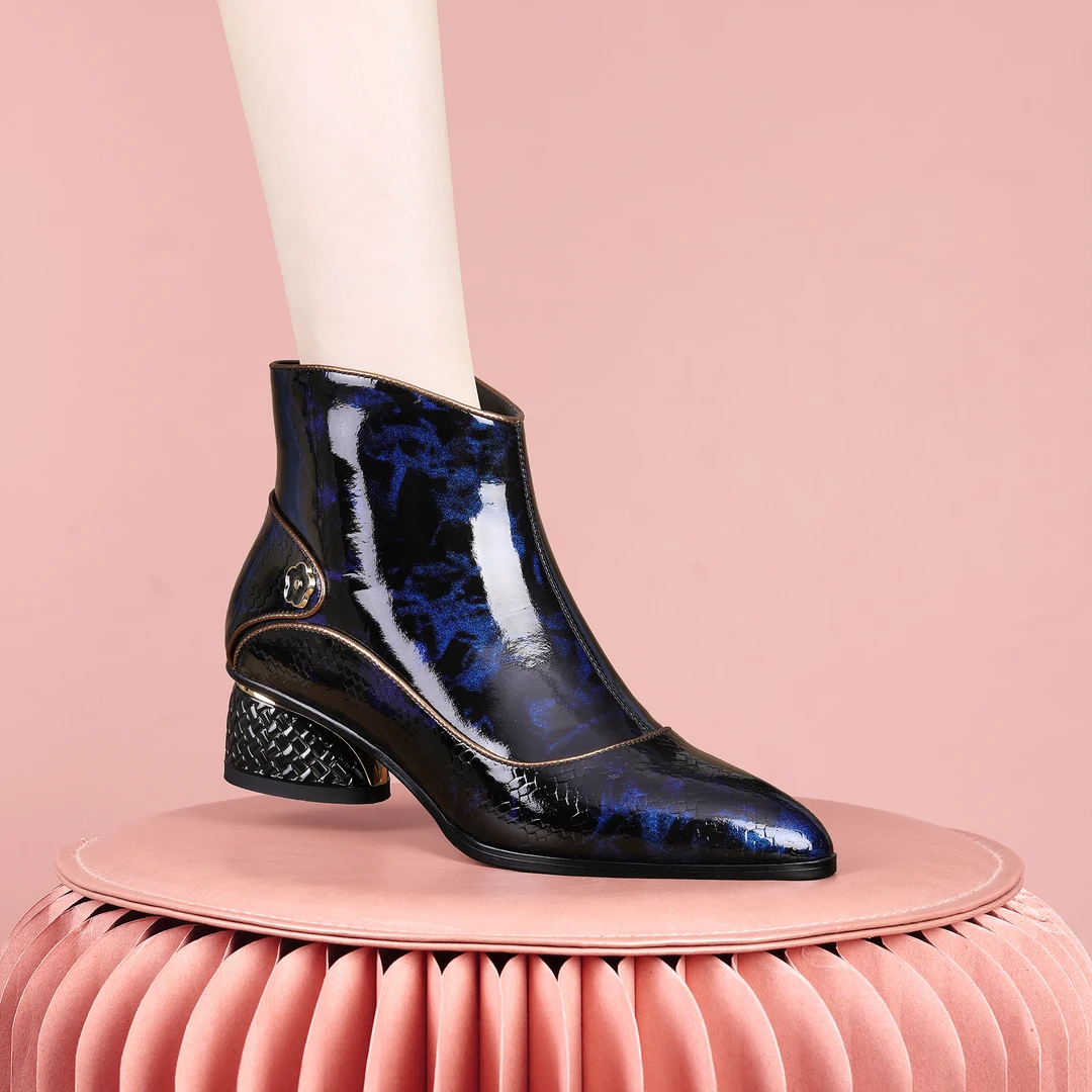 梵芮诗秋冬尖头绒里拼色金边时尚百搭气质女士粗跟女短靴-J0282