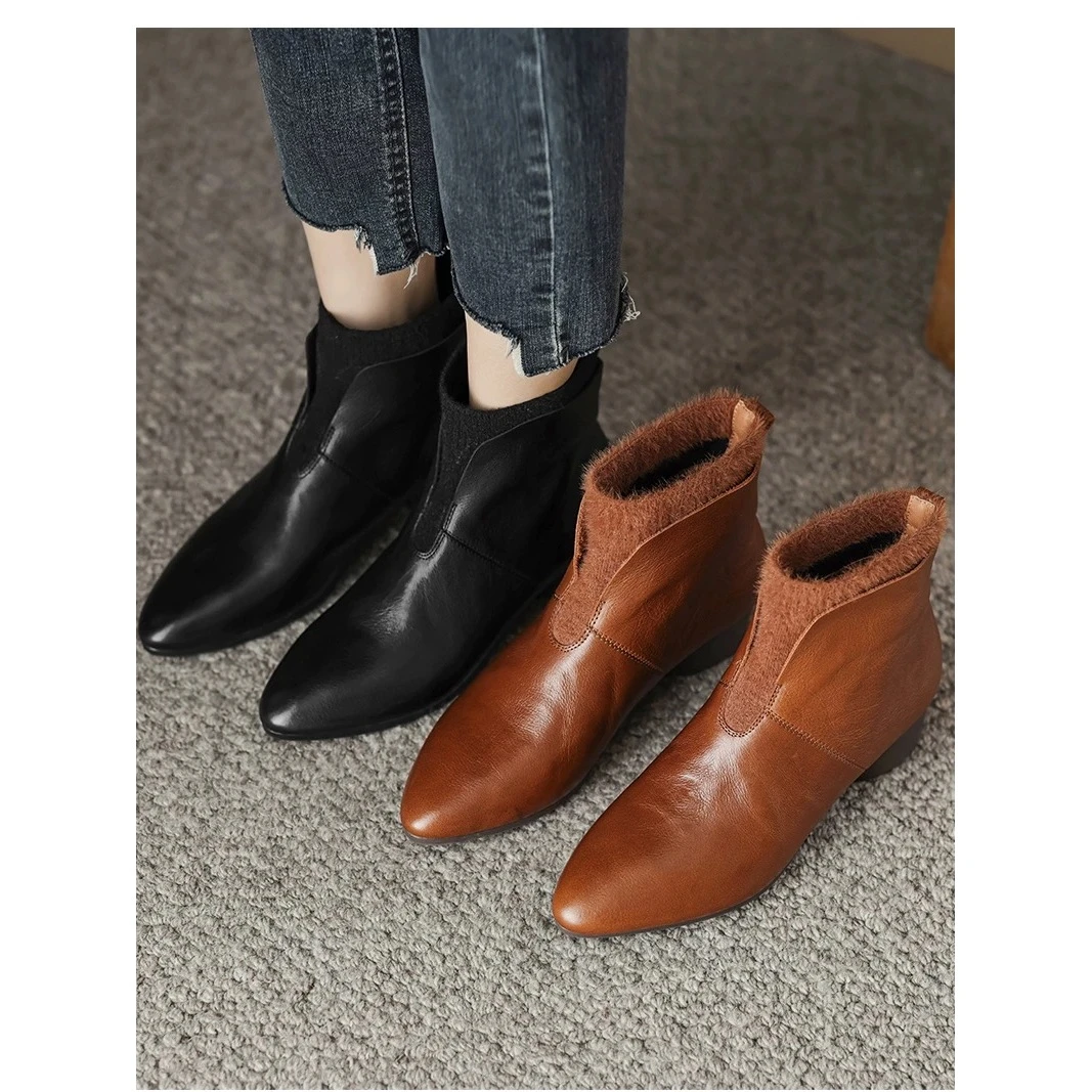 梵芮诗2024年秋冬新款纯色百搭气质复古潮流穿搭粗跟短靴-K007